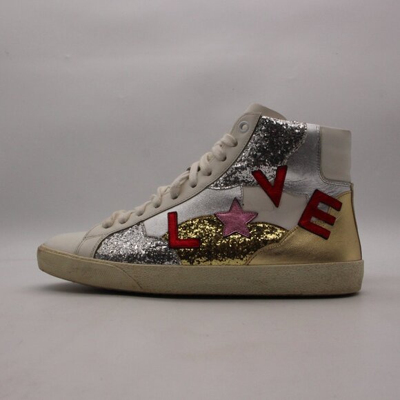 Saint Laurent Paris Love Women's EU 39 Mid Top Sneakers White Leather Glitter - Picture 3 of 13